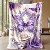 Purple Butterfly and Rose Decor Theme Blanket Lightweight Warm Flannel Blanket Decorative Throw Blanket for Home Decoration