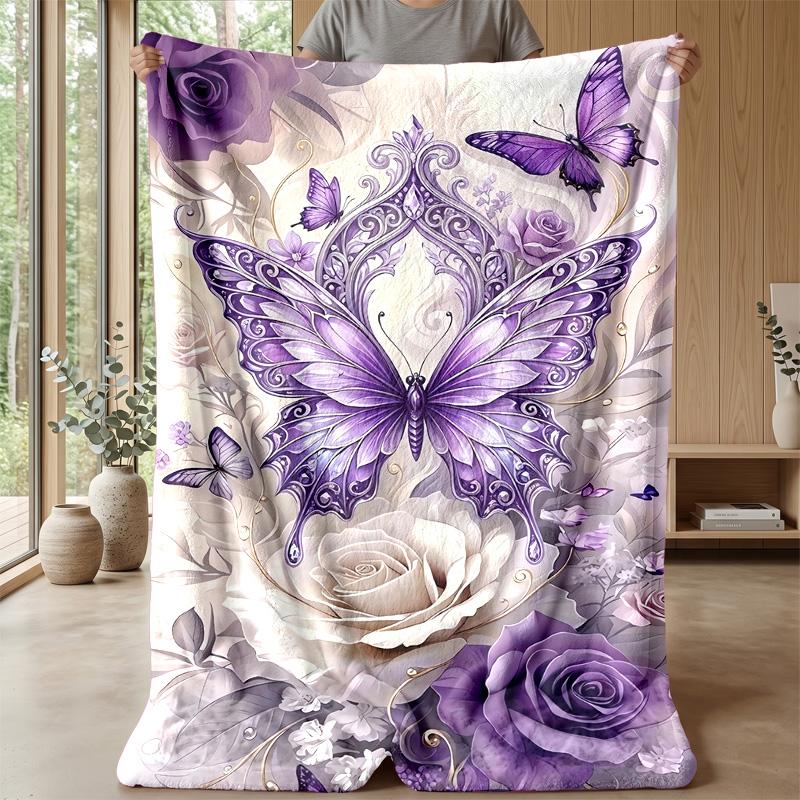 Purple Butterfly and Rose Decor Theme Blanket Lightweight Warm Flannel Blanket Decorative Throw Blanket for Home Decoration