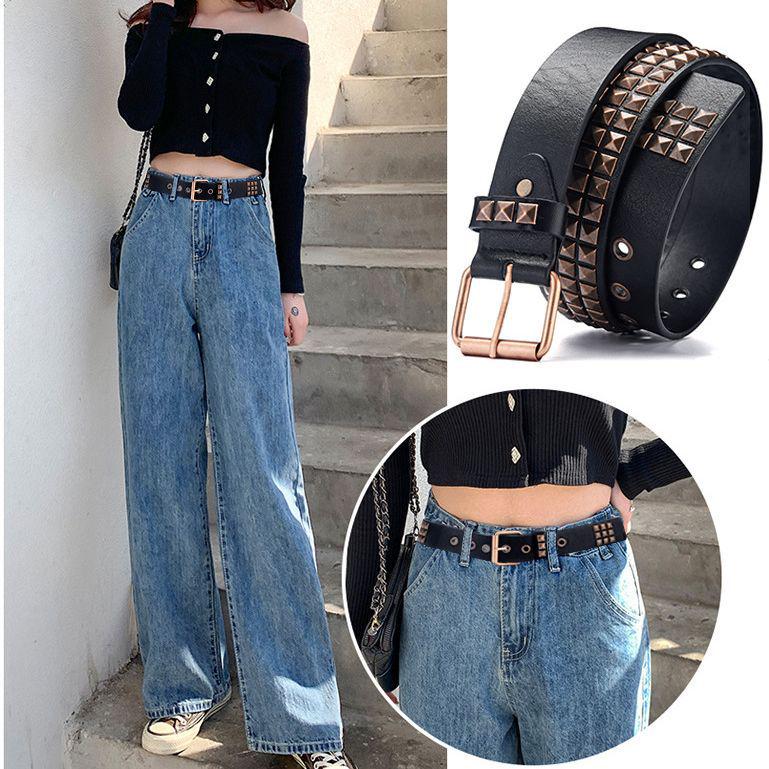 

Unisex Punk-Style Leather Belt with Pyramid Studs and Pin Buckle for Coats and Jeans 110 cm