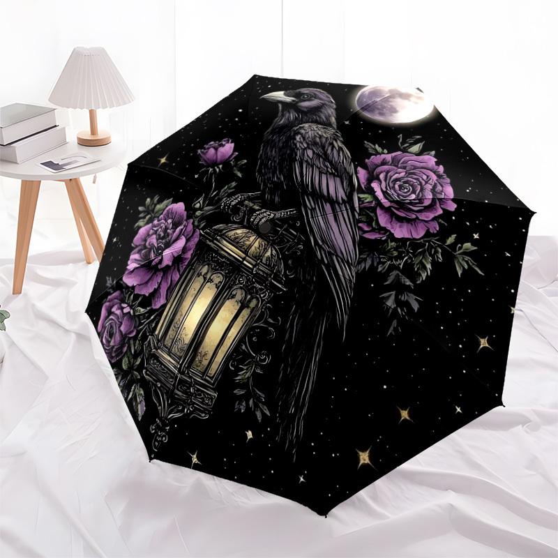 1pc Moonlit Raven with Purple Roses Umbrella with Plastic Handle,Suitable for All Seasons Home Travel Outdoor UmbrellaDD1530