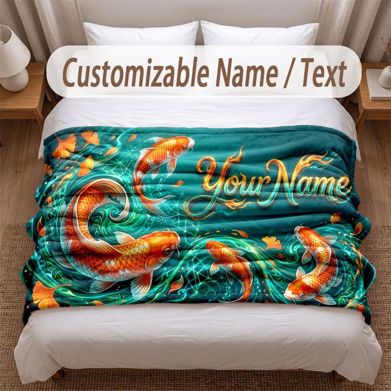 Koi Fish Theme Soft Blanket Personalized Custom Name Text Print Warm Blanket Home Sofa Bedroom Decor