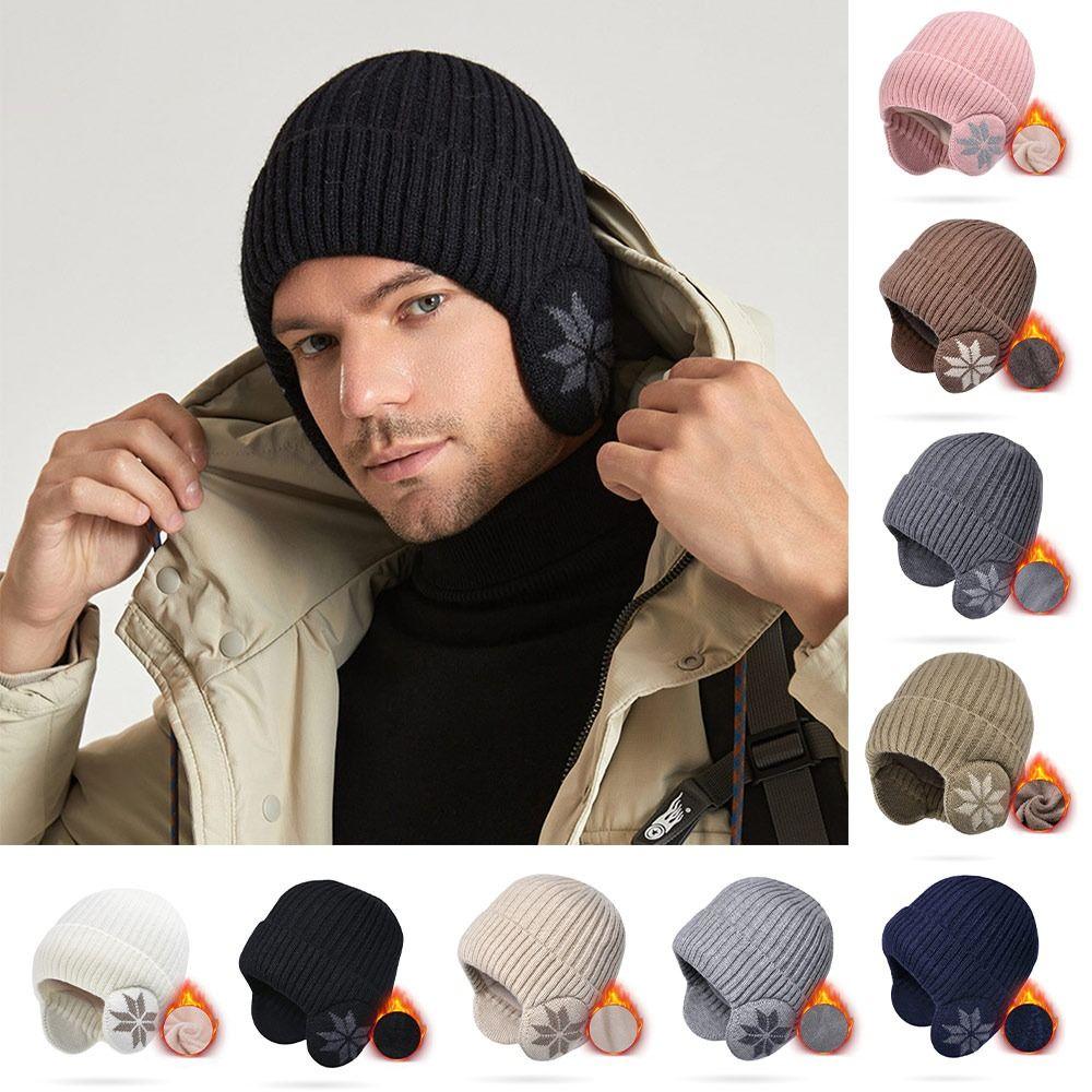 Casual Soft Snowflake Knitted Hat Thickened Keep Warm Winter Plain Hats Windproof Ear Protection Hat Unisex