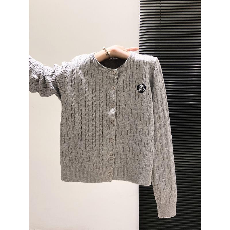 Vintage navy blue twist knitted cardigan jacket women's spring and autumn niche love embroidered single-breasted sweater top