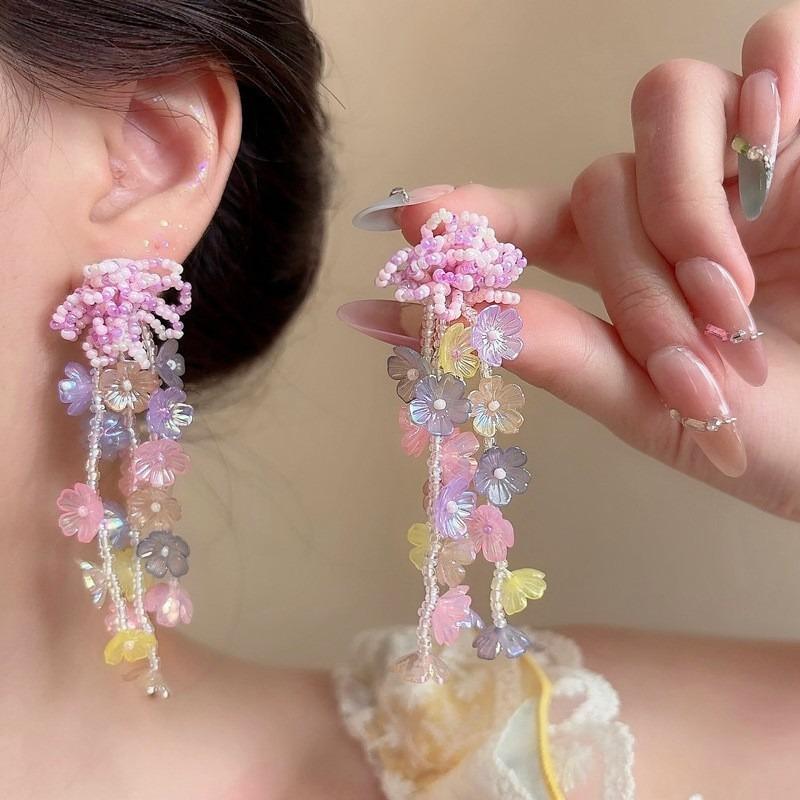 Silver Needle Pink Chiffon Flower Fringed Stud Earrings Small Fresh and Sweet Vacation Style Earrings Light Luxury High-end Earrings Women