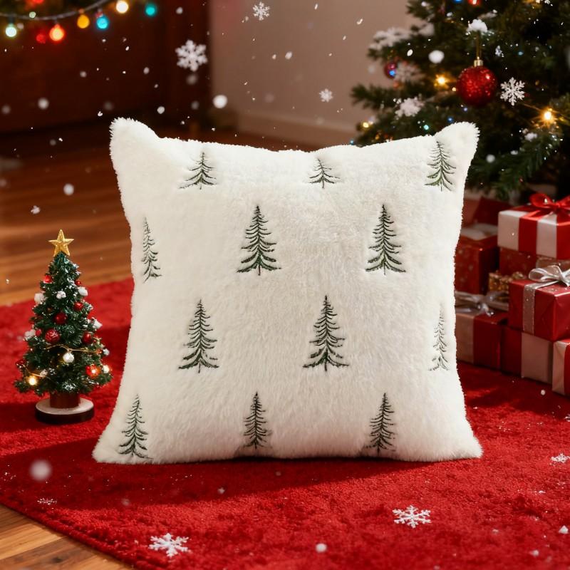Plush Embroidered Christmas Tree Pillow Cover Winter Decorative Throw Cushion Case Living Room Sofa