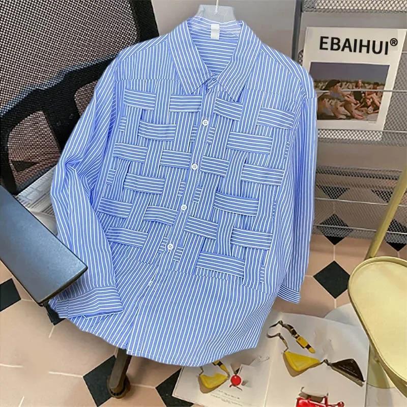 

Женские однотонные рубашки с вырезами и лацканами, с длинным рукавом, со свободной талией, модная лоскутная блузка, женская шикарная повседневная рубашка из полиэстера, 2023 XL синий