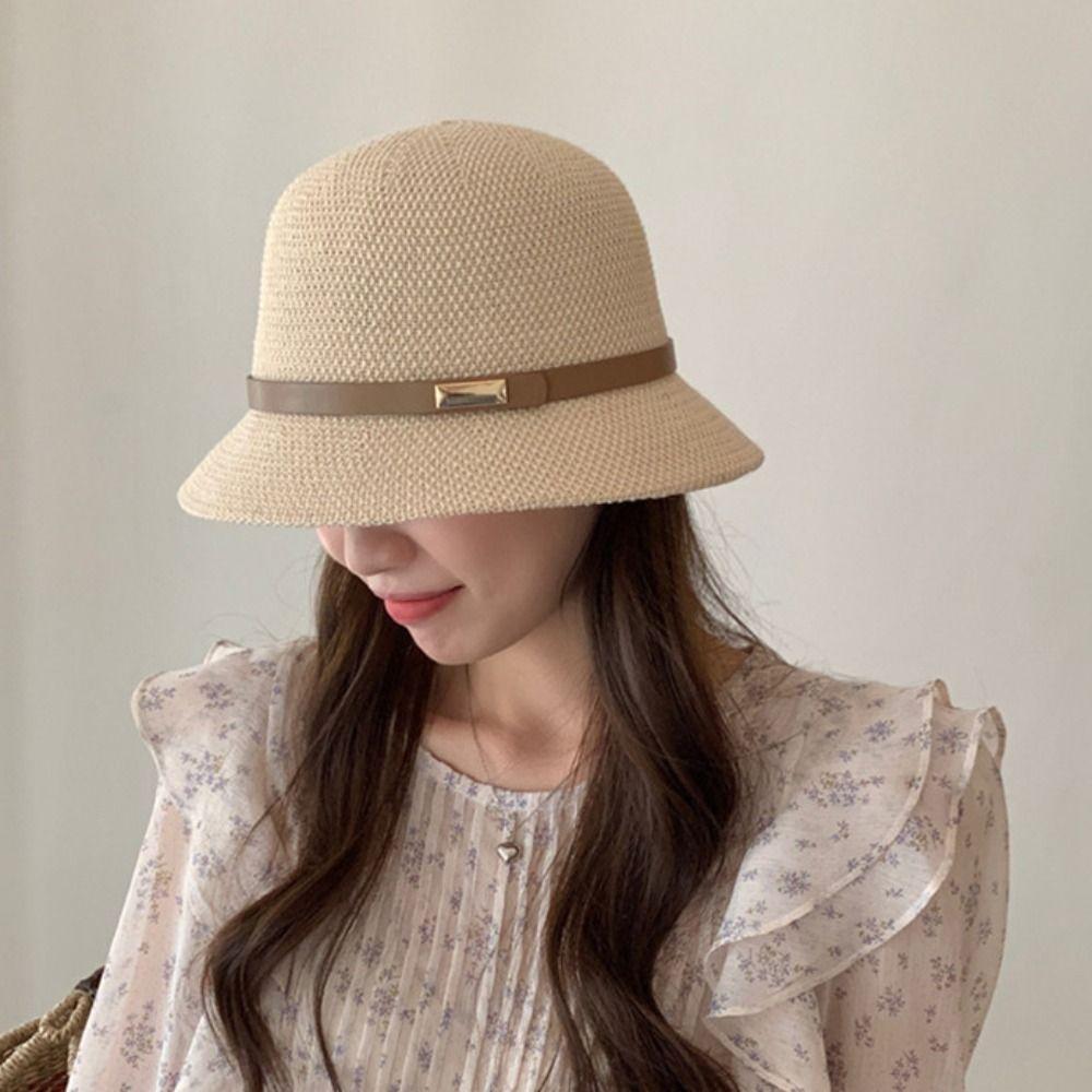 PU Leather Belt Women Sunscreen Hats Wide Brim Outdoor Straw Hats Korean Summer Bucket Hats Beach
