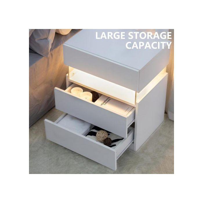 Table de chevet LED - MUVOE - 3 tiroirs - Panneau acrylique - Éclairage multicolore - Blanc