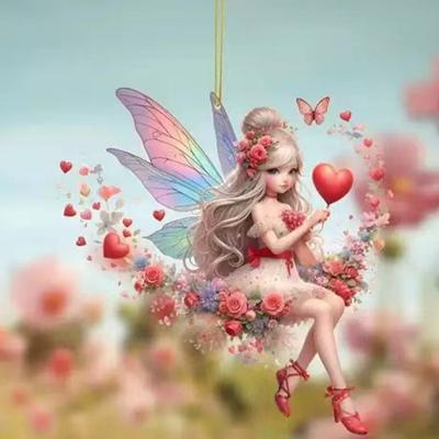 New Acrylic Flat 2D Flower Fairy Petal Love Girl Fairy Cartoon Car Pendant Keychain Backpack Pendant