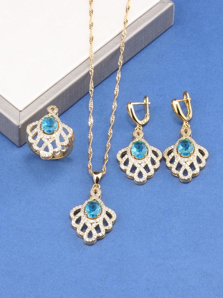 Unique  Gold Plated Wedding Accessories Big Jewelry Sets Colorful Zircon Bridal Necklace And Earrings Ring For Women Gift