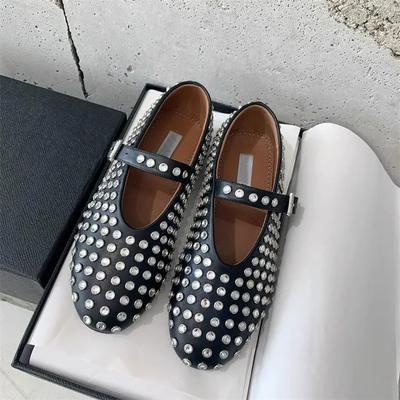 Damskie buty typu Mary Jane z kryształkami i nitami Modne płytkie okrągłe noski Damskie wygodne baletki