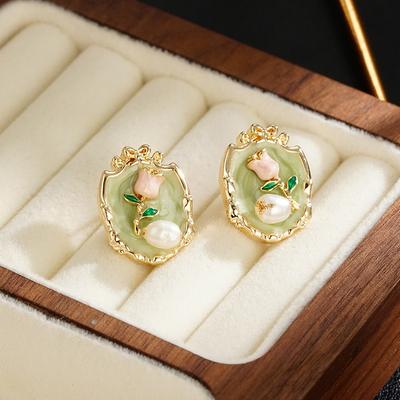 French Oil Dropping Flower Stud Earrings For Women Elegant Imitation Pearl Earrings Korean Fashion Accessories Jewelry Gifts
