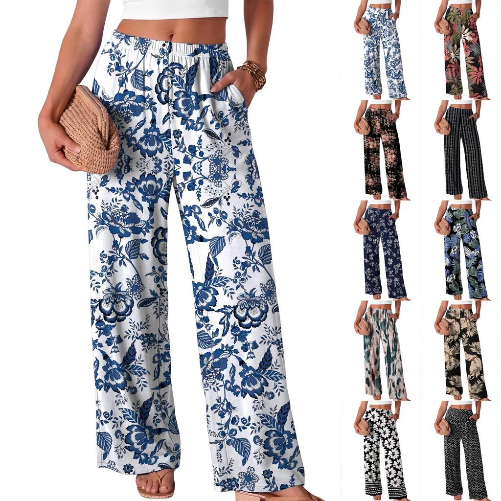 Women Loose Fit Wide Leg Trousers Casual High Waist Elastic Waistband Printed Long Pants for Everyday Wear