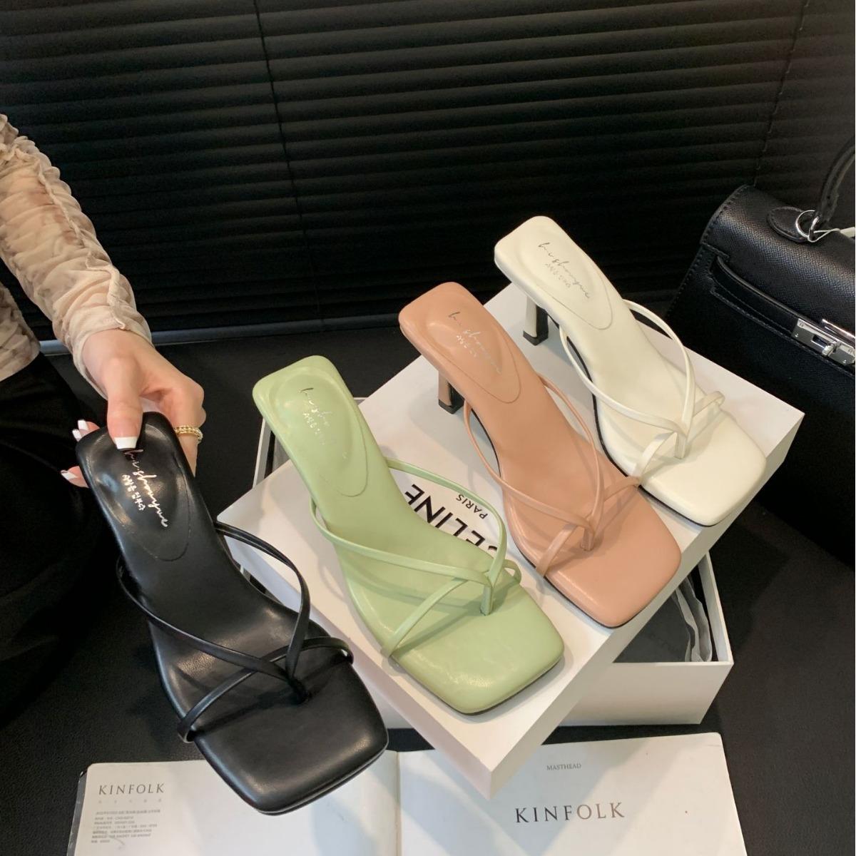 

2025 spring new square head stiletto strap fairy beach vacation half drag OL Internet celebrity sandals 39 зелёный