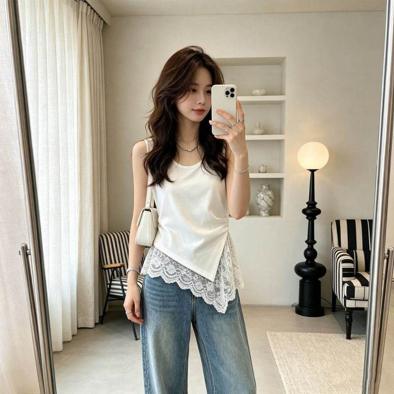 New Summer Women's Clothing with Irregular Design Lace French Sleeveless Tank Top T-Shirt