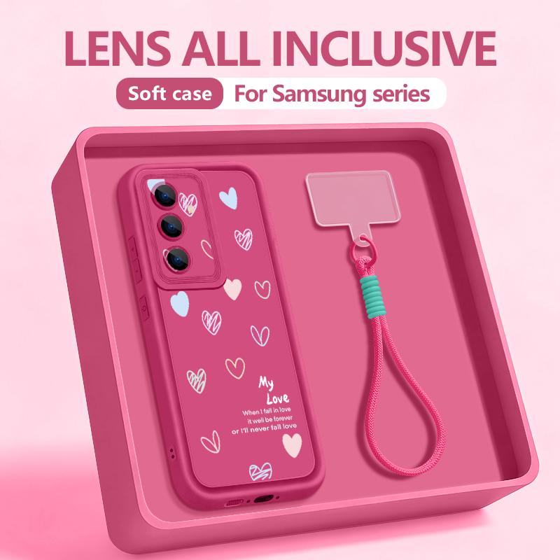 Wrist Lanyard Phone Case For Samsung Galaxy S26 S24 S25 Ultra S23 S25 FE A57 A17 A56 A16 A55 A54 A15 A25 Love Heart Print Cover