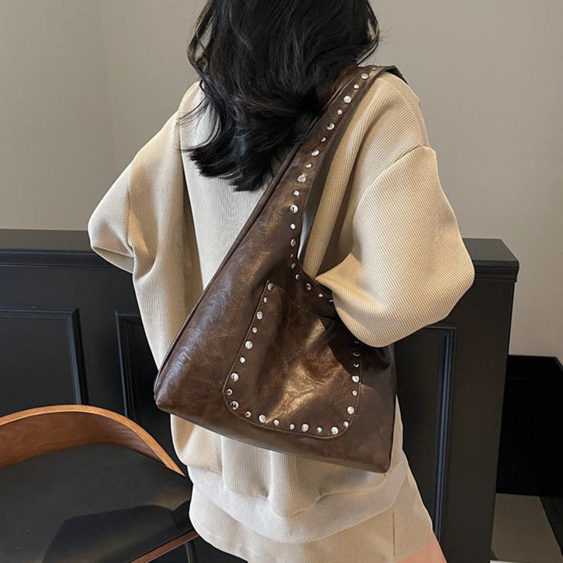 Women's Retro Rivet Solid Color Commuting Travel Shopping Tote Bag Versatile Large Capacity Shoulder Bag CLE