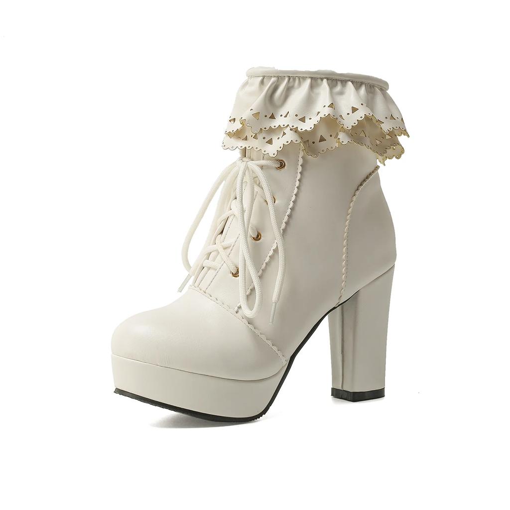 Fashion Autumn Winter Women Lolita Boots Japanese Sweet Faux Leather Shoes Ruffle Trim Lace Up Princess Lolita Cosplay Mid Calf Boots
