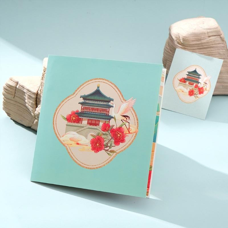 Chinese New Year Card Handmade Paper Carving Bell Tower Holiday Greeting Card for Birthdays Weddings And Holidays Gift