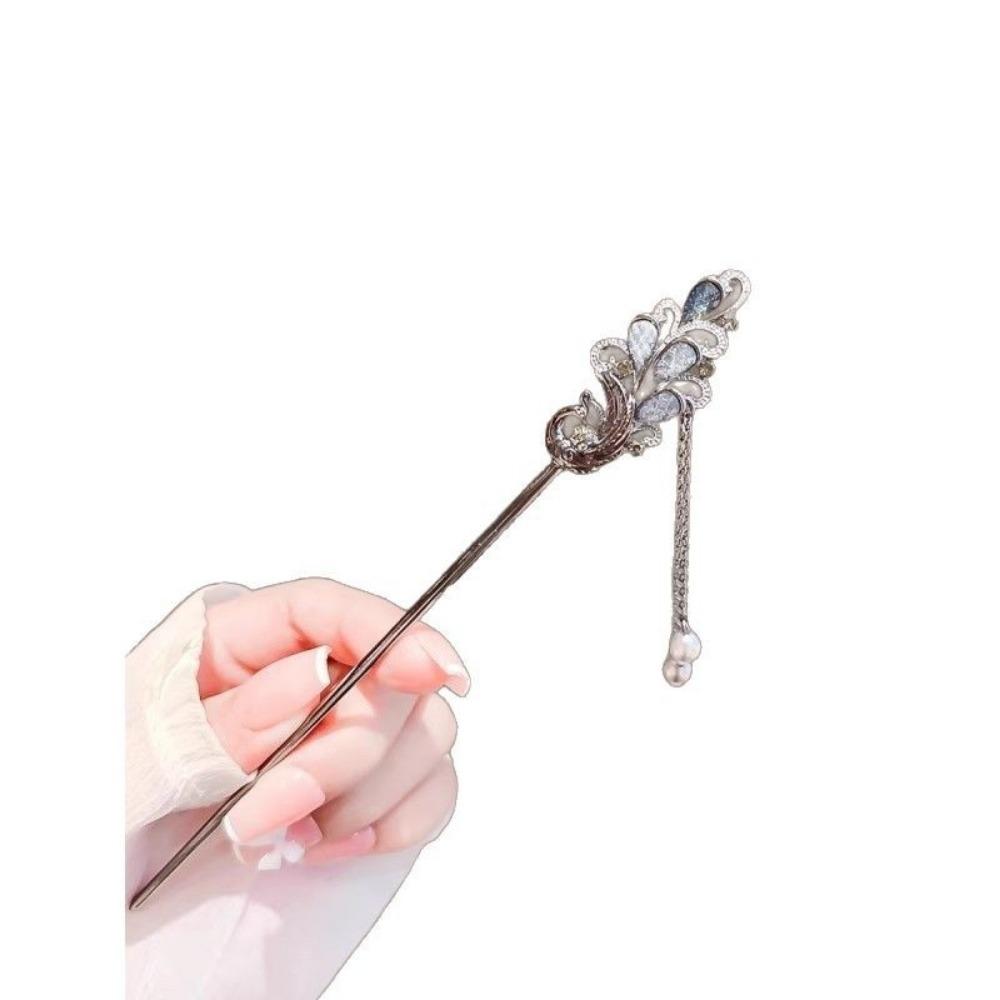 1pc Silver - Toned Hair Stick: Peacock - Inspired Design with Blue Accents & Pearl Tassel, Elegant Hair Accessory
