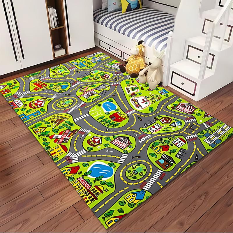 Colorful Cartoon City Road Map for Kids Playtime Non-slip Rug Suitable for Living Room and Bedroom Sofas