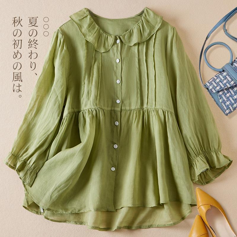 Summer Loose Solid Doll Neck 3/4 Sleeve Cotton Linen Shirt Women's Blouse