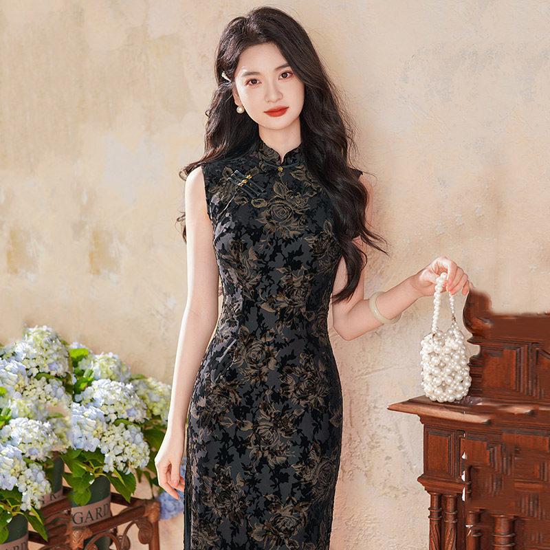 Schwarz ärmellos nationaler Stil neu chinesisch Suzhou lang Cheongsam verbessert jung 1011 neu Damen High-End Sommer