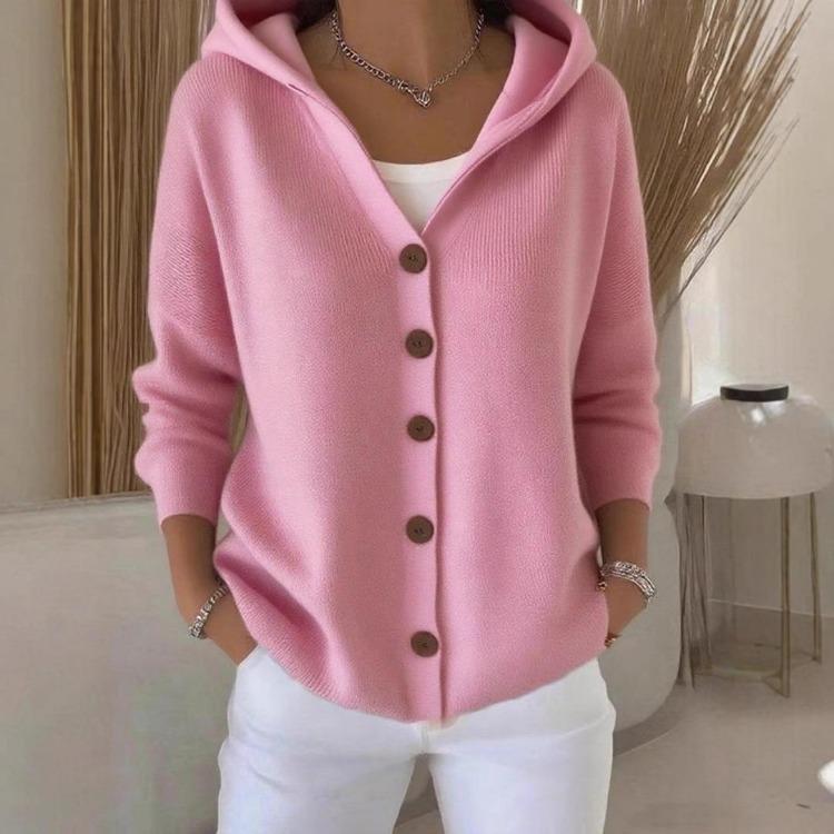 Autumn Winter Knitted Hooded Sweater Cardigan Button Casual Fashion Solid Color Women Wear