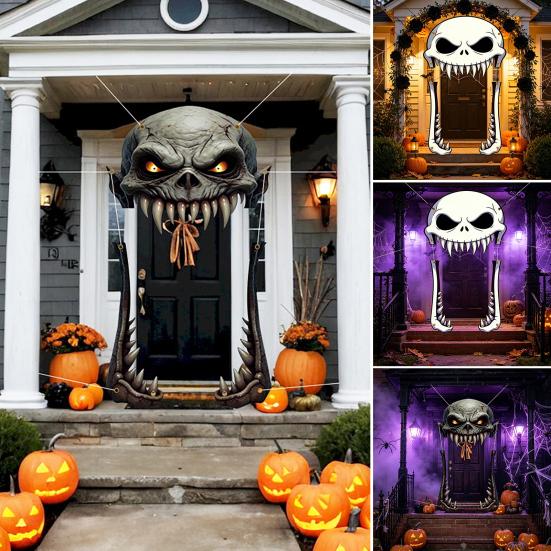 Front Door Background Decor Halloween Giant Skull Banner, Spooky Skeleton Porch Hanging Creative Scary Entrance Banners for Yard, Outdoor Party