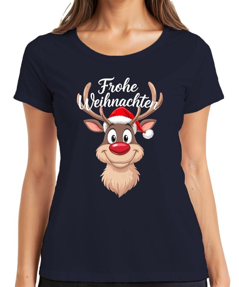 Merry Christmas Reindeer Rudolf Santa Hat Funny Cartoon Ladies TShirt S