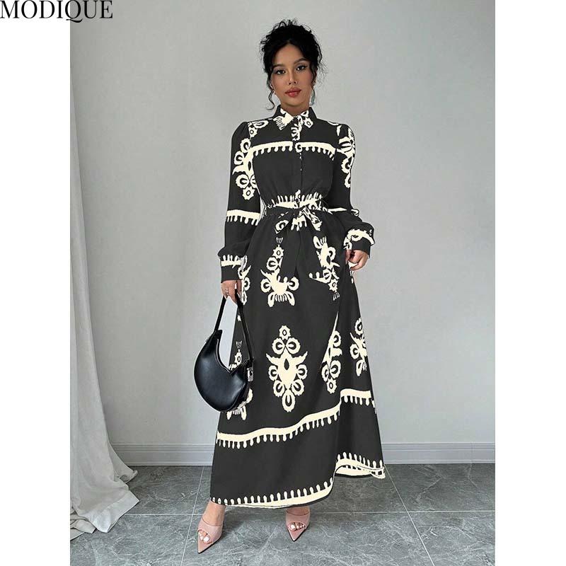MODIQUE 2025 Spring New Women's Elegant Print Lapel Elastic Waist Belt Long Dress Ladies Casual A-Line Long Sleeve Dress