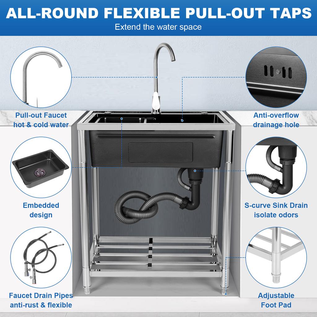 Stainless Steel Utility Sink Adjustable Stand Freestanding Sink Rust Proof Single Bowl Sink Set with Cold & Hot Water Faucet
