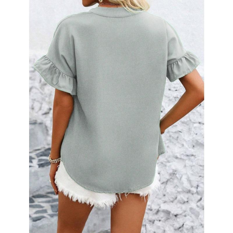 YYFS Women's Fashion Casual Summer Spring Solid Color Print Short Sleeve V-Neck Blouses & Shirts