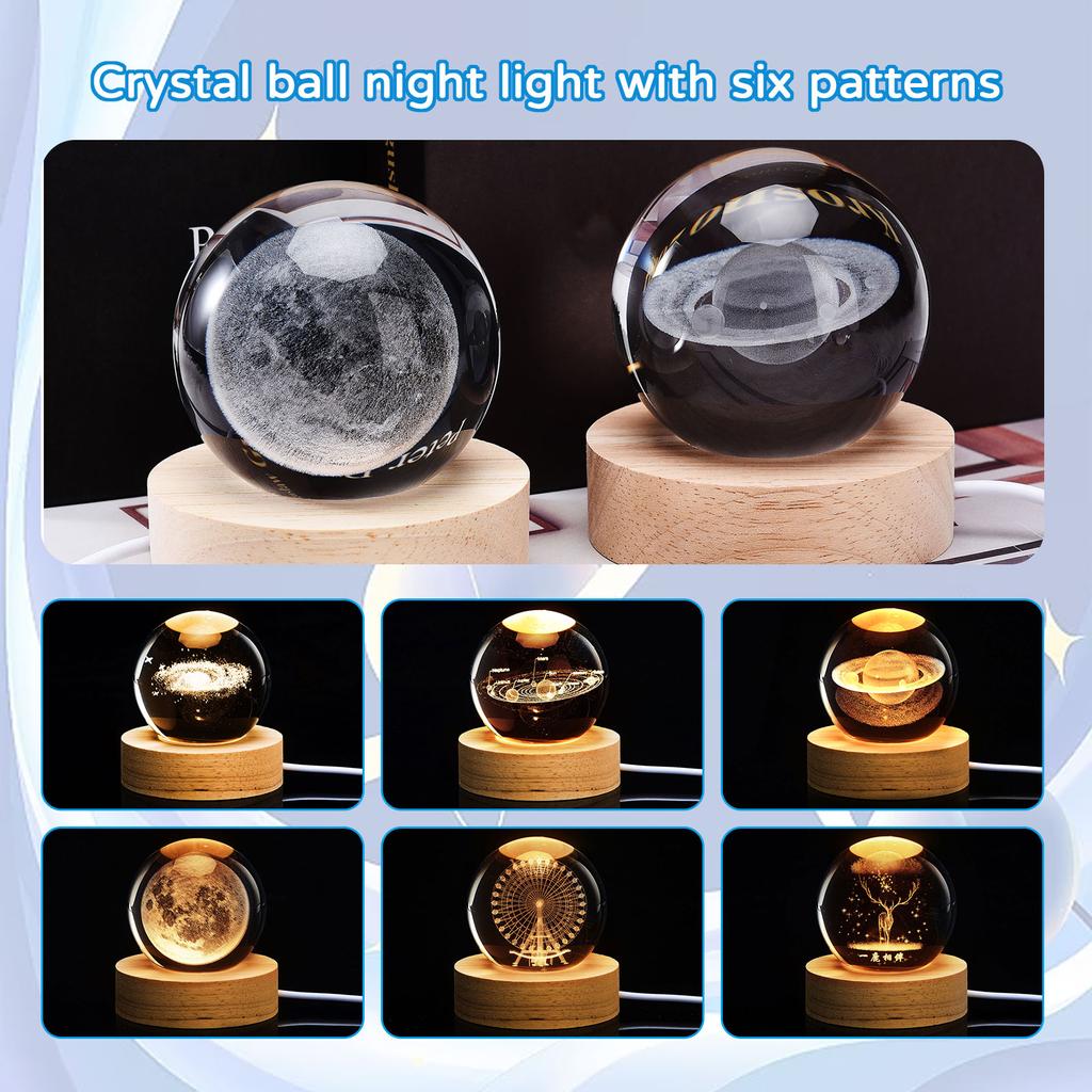 Veilleuse Boule de Cristal 3D Boule de Verre Lumineuse Sculptée à l'Intérieur Ornement avec Base en Bois pour Décoration de la Maison