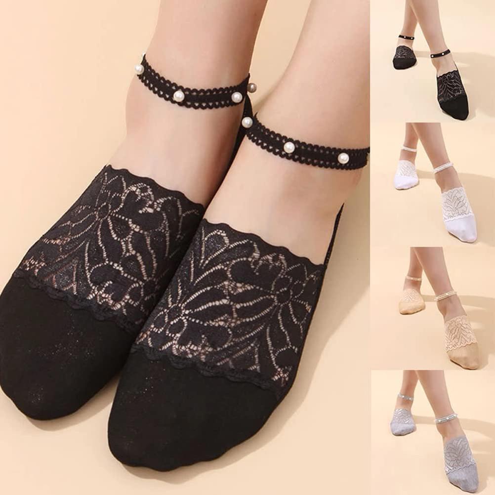 1 4 Pair Thin Pearl Lace Socks Ladies Beaded Lace Socks Ankle Socks Cute Mesh Transparent Lace Liner Socks Invisible