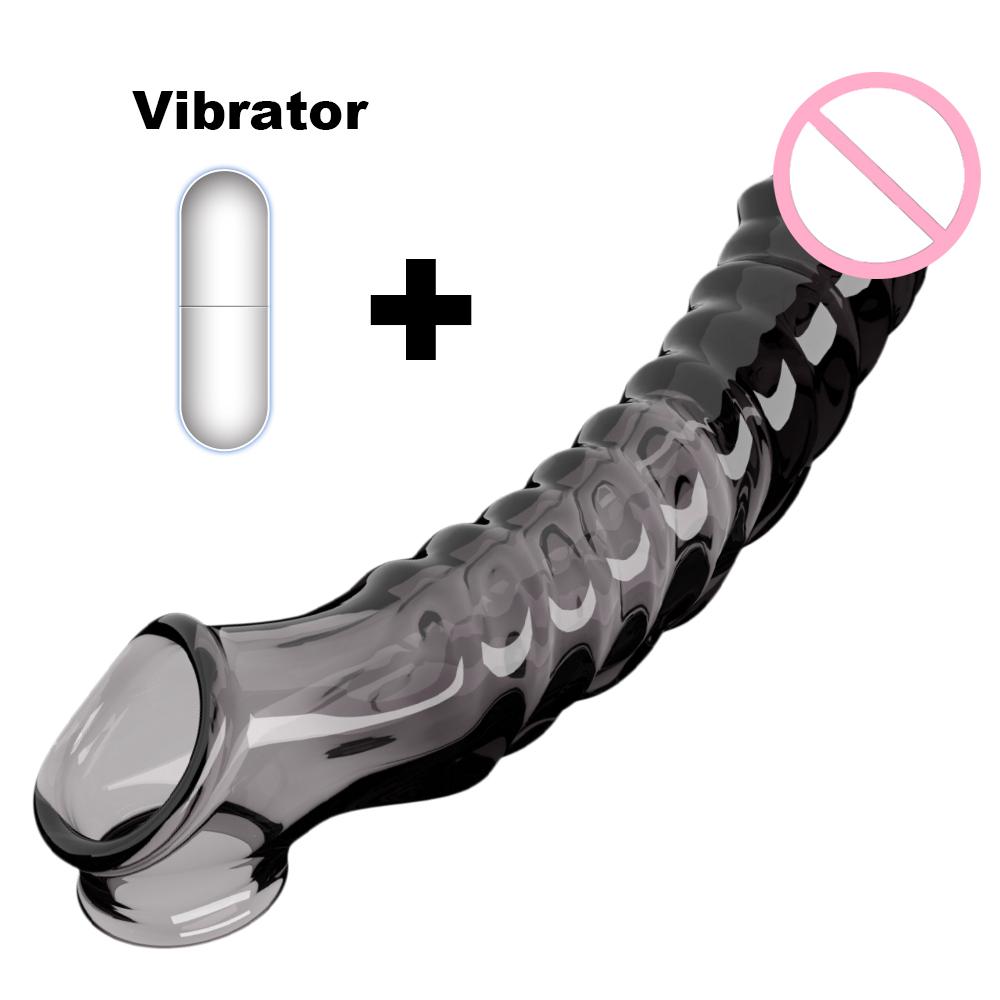 Przezroczysty Penis Extend Sleeve z wibratorem Wielokrotnego użytku prezerwatywy Dildo Penis Enhancer Opóźnienie wytrysku Pierścienie na penisa Zabawki erotyczne dla mężczyzn