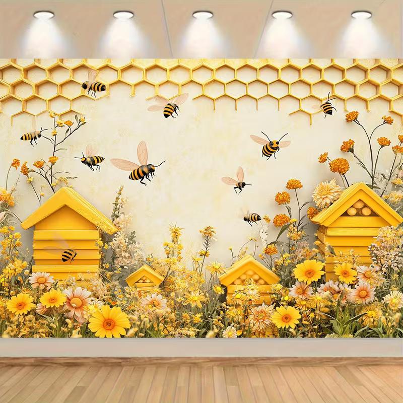 2D Bee Themed Backdrop Yellow Honeycomb & Wildflower Party Background Banner