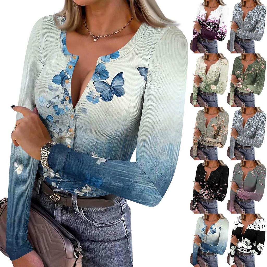 Women's Slim Bottom T-shirt Fashion Casual Gradient Printing Round Neck Pullover Long Sleeve Top