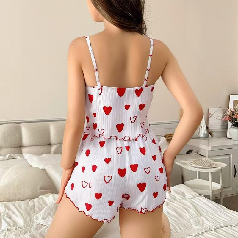 2026 Heart Print Knit Ribbed Camisole Shorts Pajama Set for Women