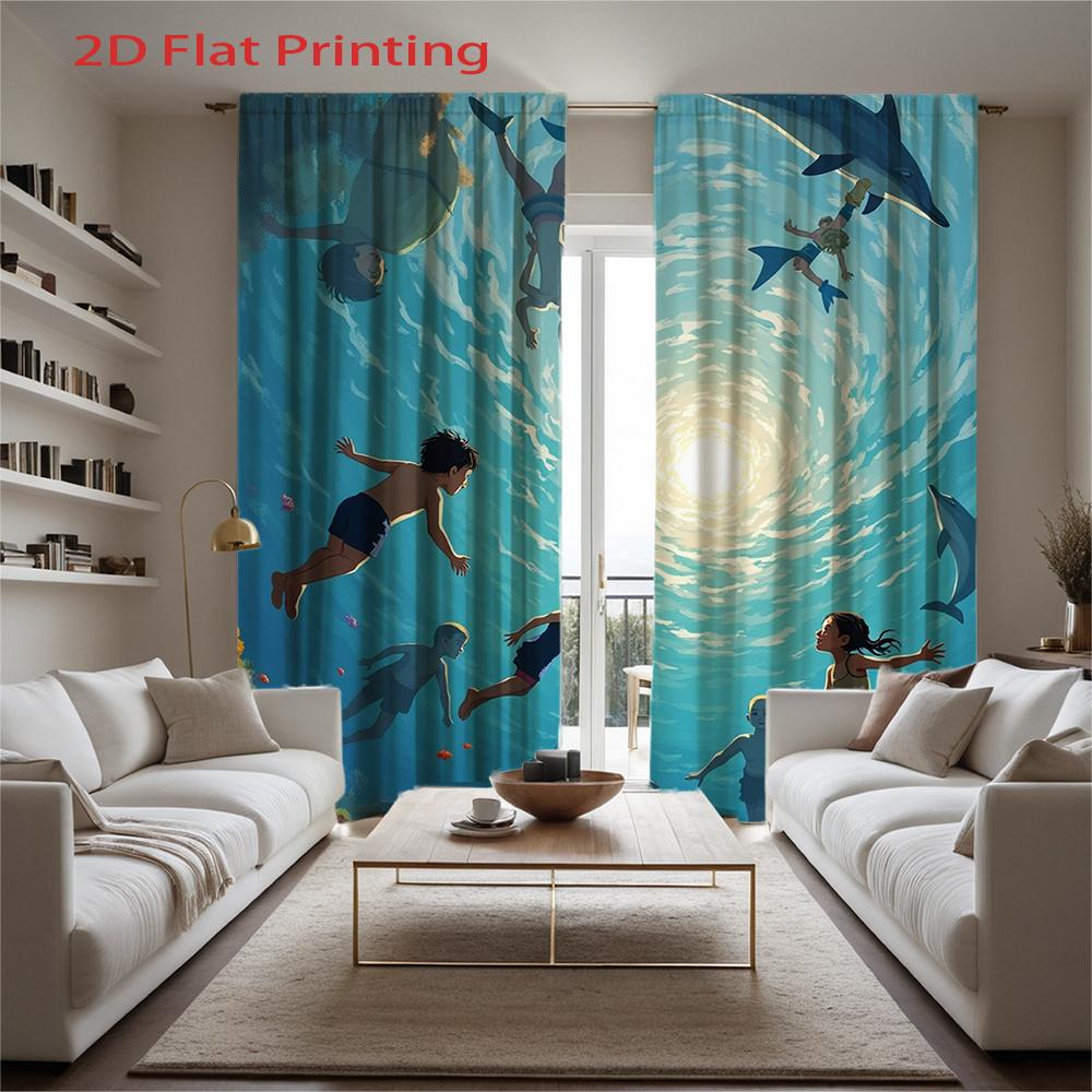 Set Of 2 Flat Printing Curtains Swimming Ocean Blue Pattern Cartoon Style Curtain Polyester Fabri Made
