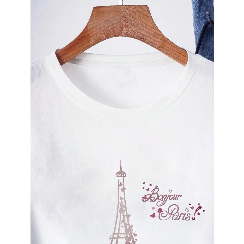 Women's Floral Eiffel Tower Bicycle Print Tee Round Neck Short Sleeve Spring Summer Casual Patterned Everyday Stylish Top