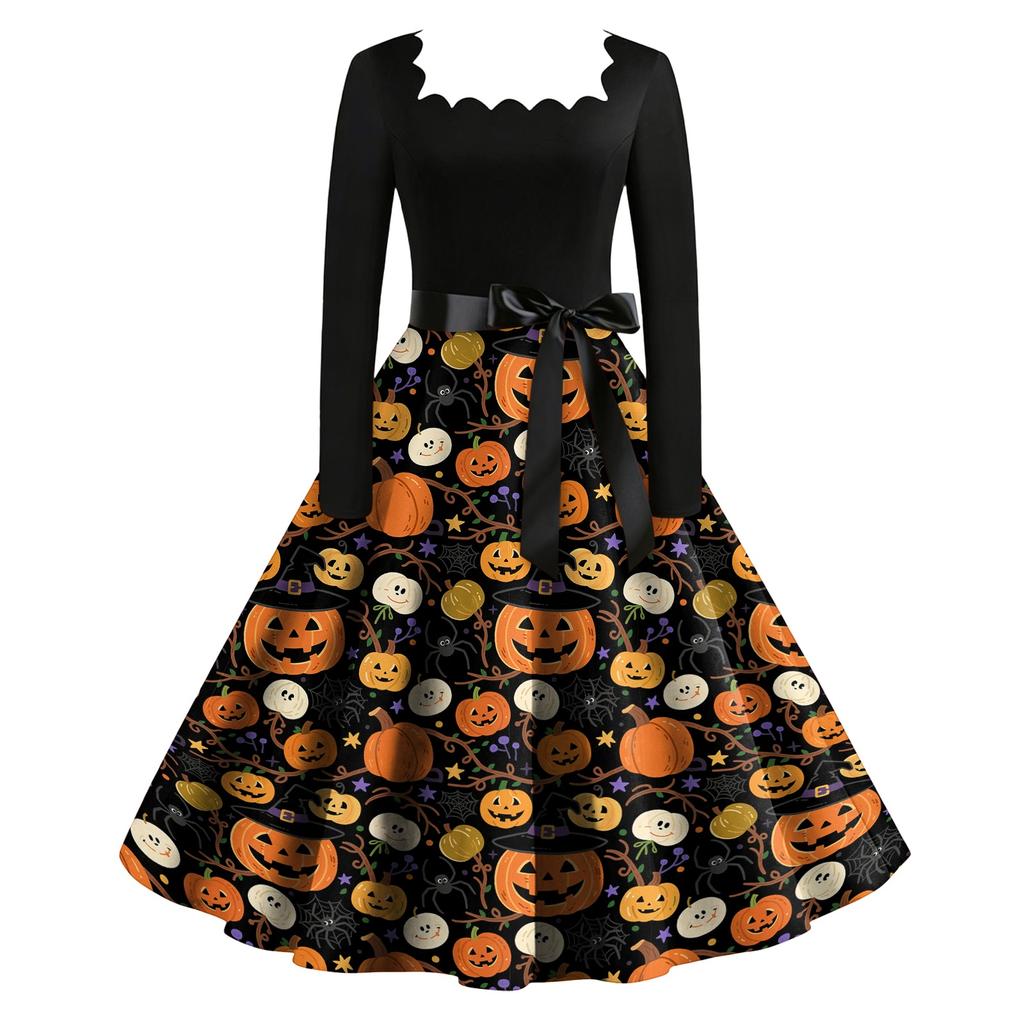 Women Vintage Long Sleeve Square Neck Halloween Print Party Dress Retro Style Full Skirt with Waist Tie Belt