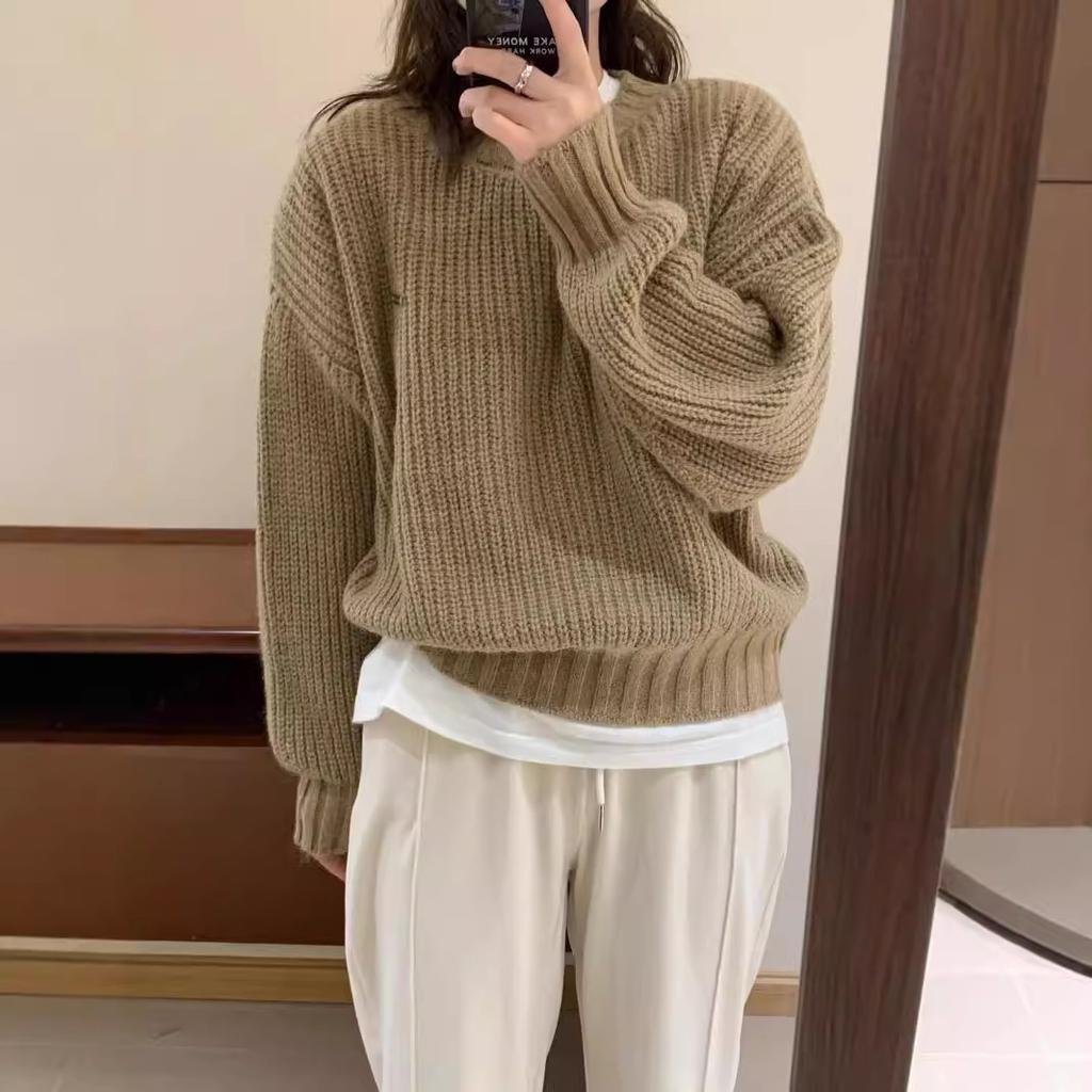 Autumn and Winter Women's Solid Color Pullover Sweater Loose Round Neck Knitted Sweater Base Top