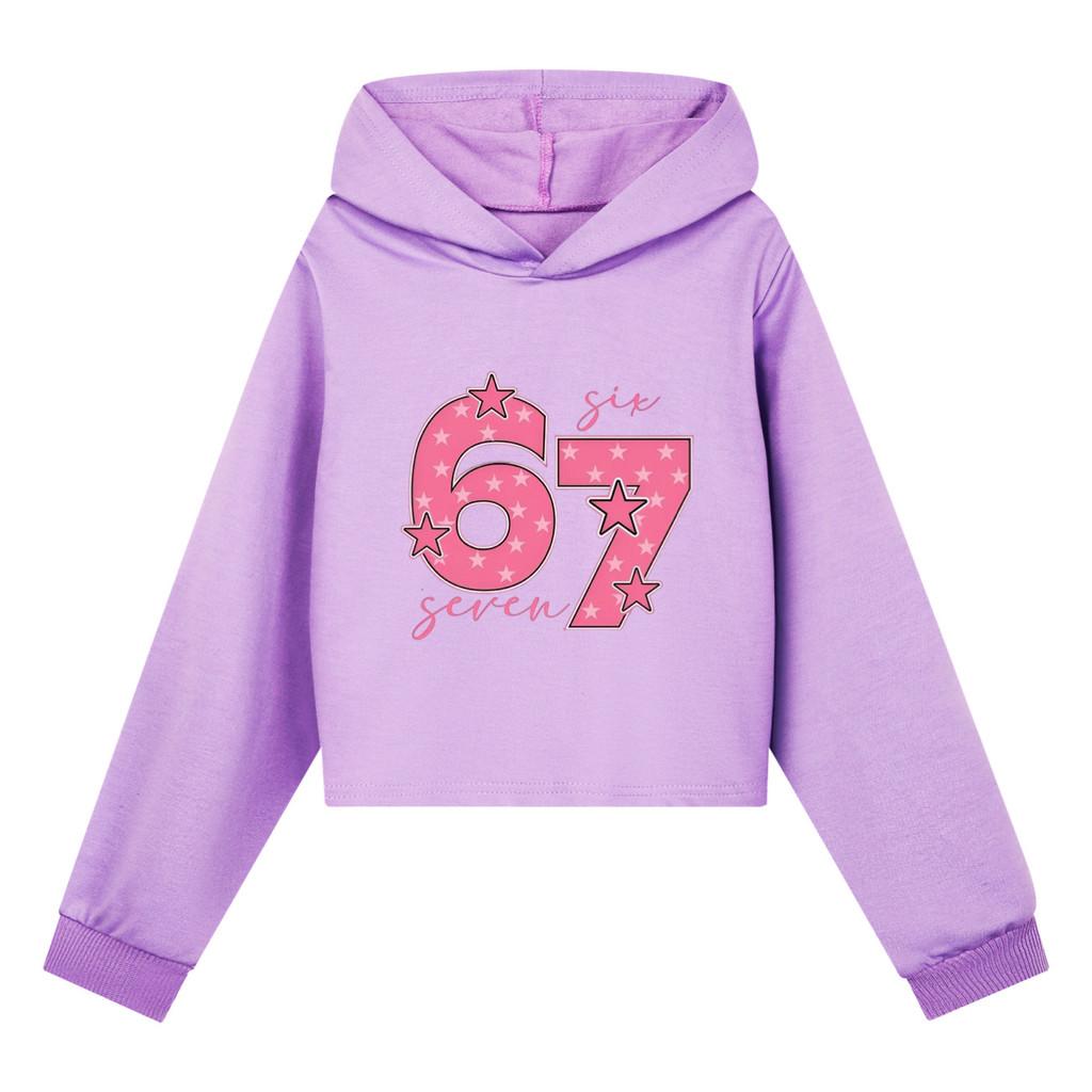 5291 Barnflickor Steal a Brainrot 67 Mönstrade Casual Långärmade Korta Hoodies