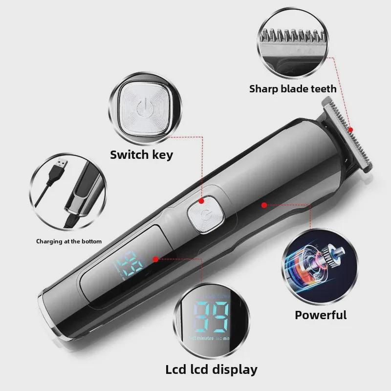 Rechargeable Multifunctional Hair Clipper Set with LCD Display - Six-in-One Electric, Washable Grooming Kit