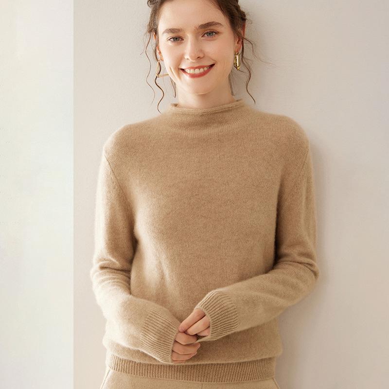 Women's Cashmere Rolled Hem Turtleneck Sweater: Pure, Double-Ply, Thick Knit, Short, Loose, Versatile Base Layer