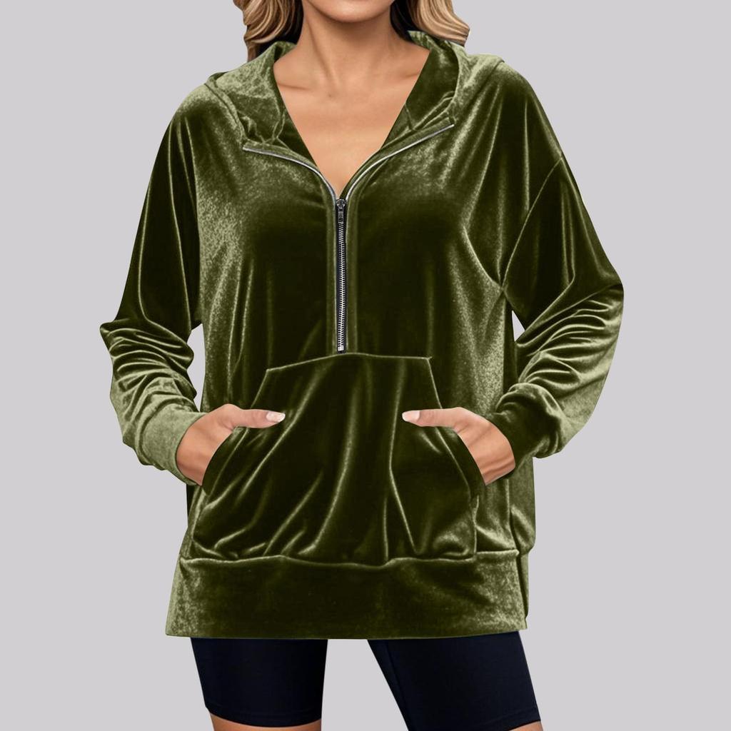 Women's Solid Color Hooded Loose Long Sleeved Zipper Pocket Gold Velvet Top Sweatshirt