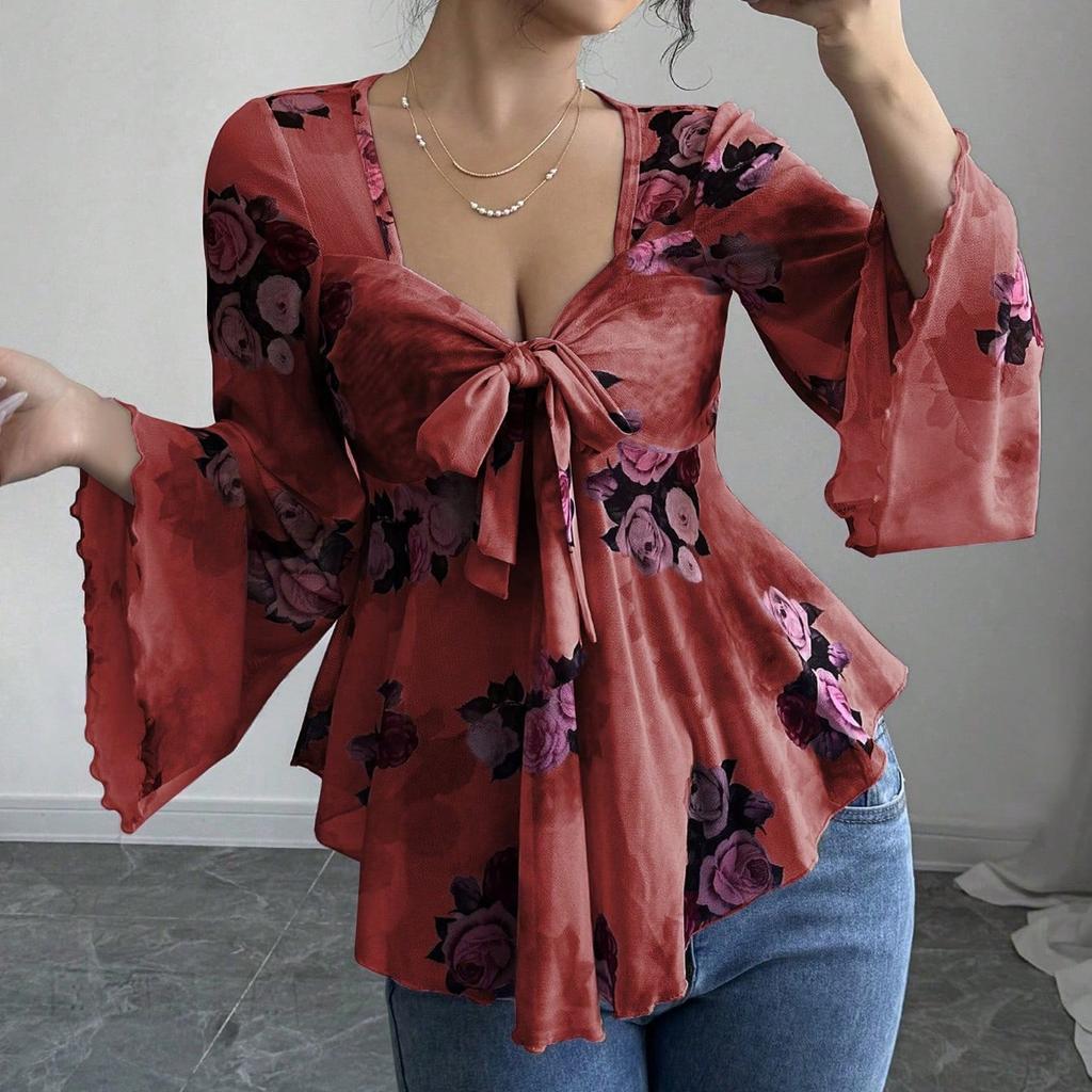 Women's Printed Work Clothes, Sloping Collar And Double Layer Pockets, Basic Top Pullover