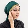Shiny Golden Rhinestone Caps Women Elasticity Tie Back Caps Muslim Inner Hijabs Turban Leaf Stamping Diamond Undercap Jersey