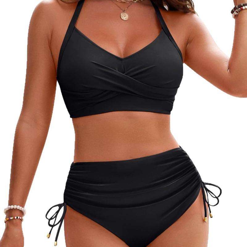2-Piece Split Swimsuit Drawstring Bikini Cross Strap Sexy Swimsuit Set Solid Color Bikini Set